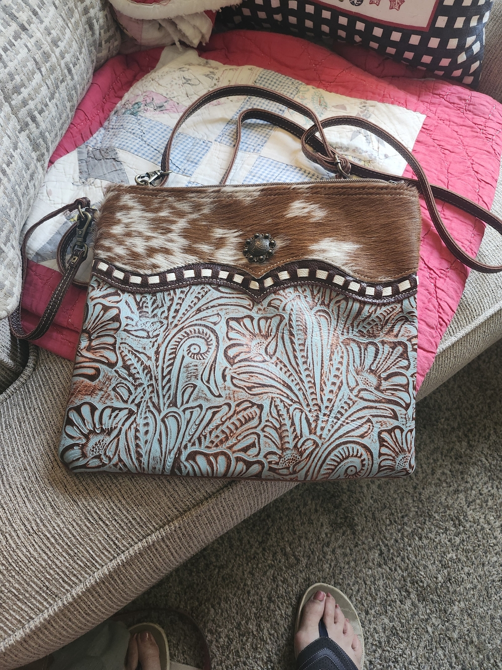 Myra Bag Brown and Light Blue Tooled Leather Floral Crossbody